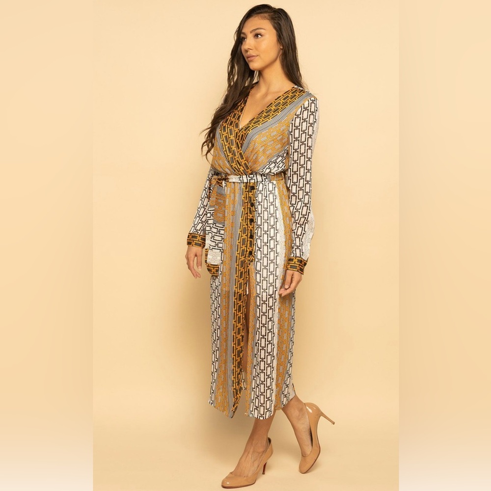 Flying Tomato Geometric Long Sleeve Dress in Black, White, and Gold